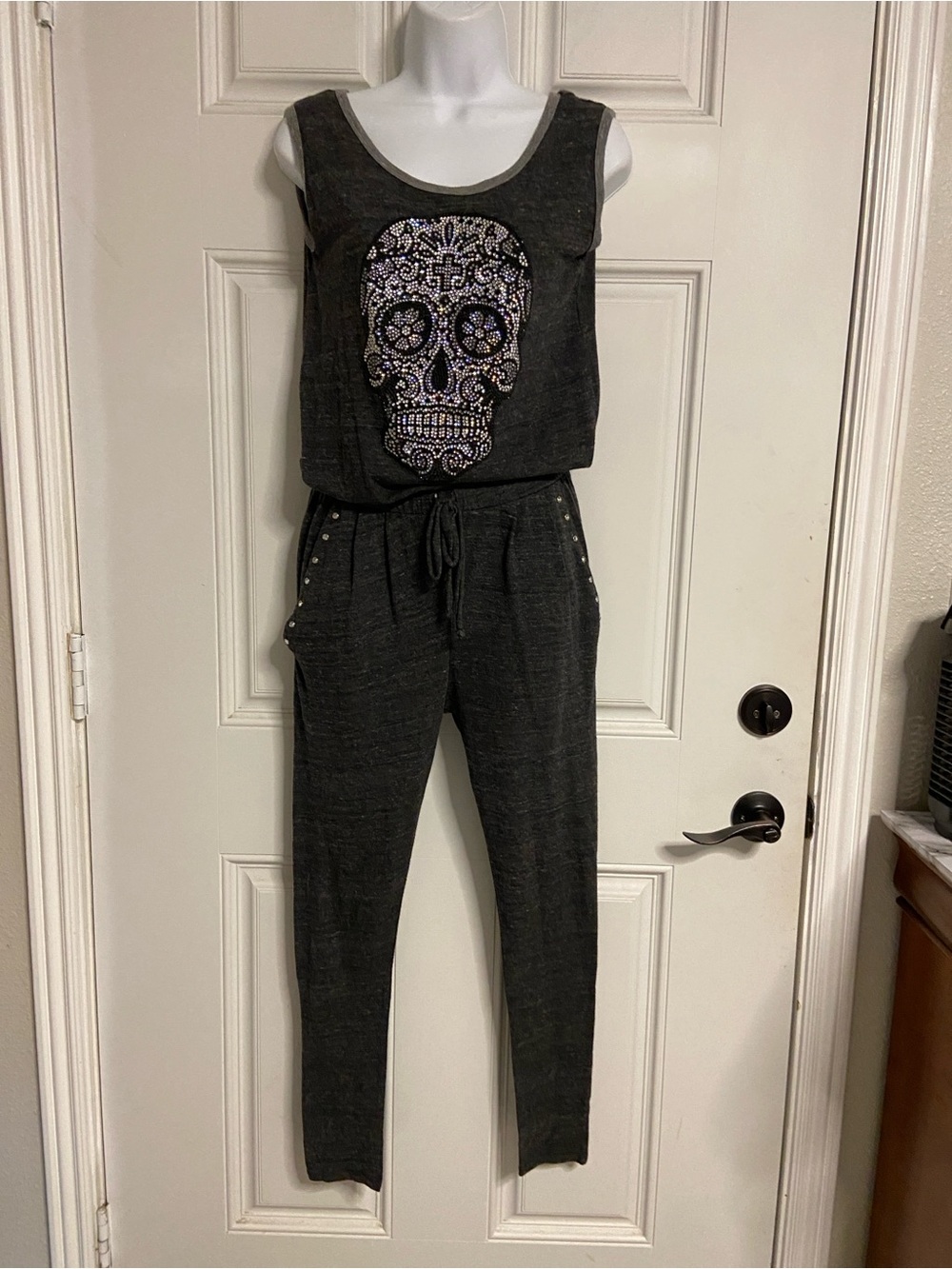 T43a- OPIUM SOCIETY Dark Gray Burnout EMBELLISHED SKULL Tank Jumpsuit